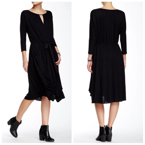 Free People Dresses & Skirts - Free People Guaze Midi Dress Black Linen Casual A-Line Draped Pockets Keyhole S